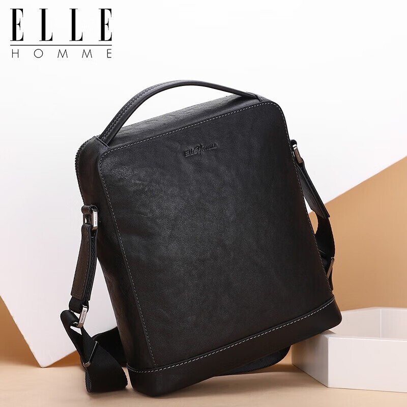 ELLE HOMME Business Men's Shoulder Bag, Fashionable Top-Grain Leather Crossbody Bag with Large Capacity, Handheld Men's Bag EA088205040 Black Birthday Gift for Boyfriend
