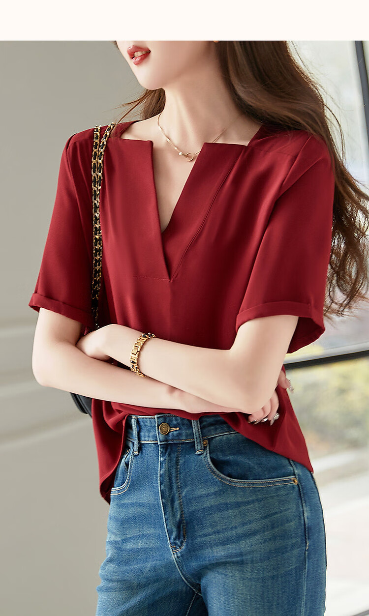 Dme [Work Outfit] Summer New French Elegant V-Neck Shirt, Skin-Friendly Cool Smooth Slimming Blouse, Women's Top 16
