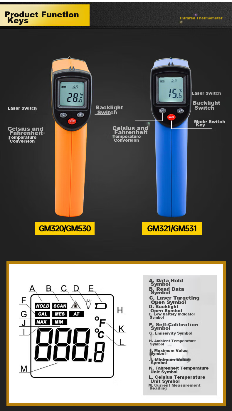 BENETECH Infrared Thermometer, Industrial Temperature Gun, Oil Temperature Measuring Instrument, Handheld Commercial Kitchen Thermometer GM321 4