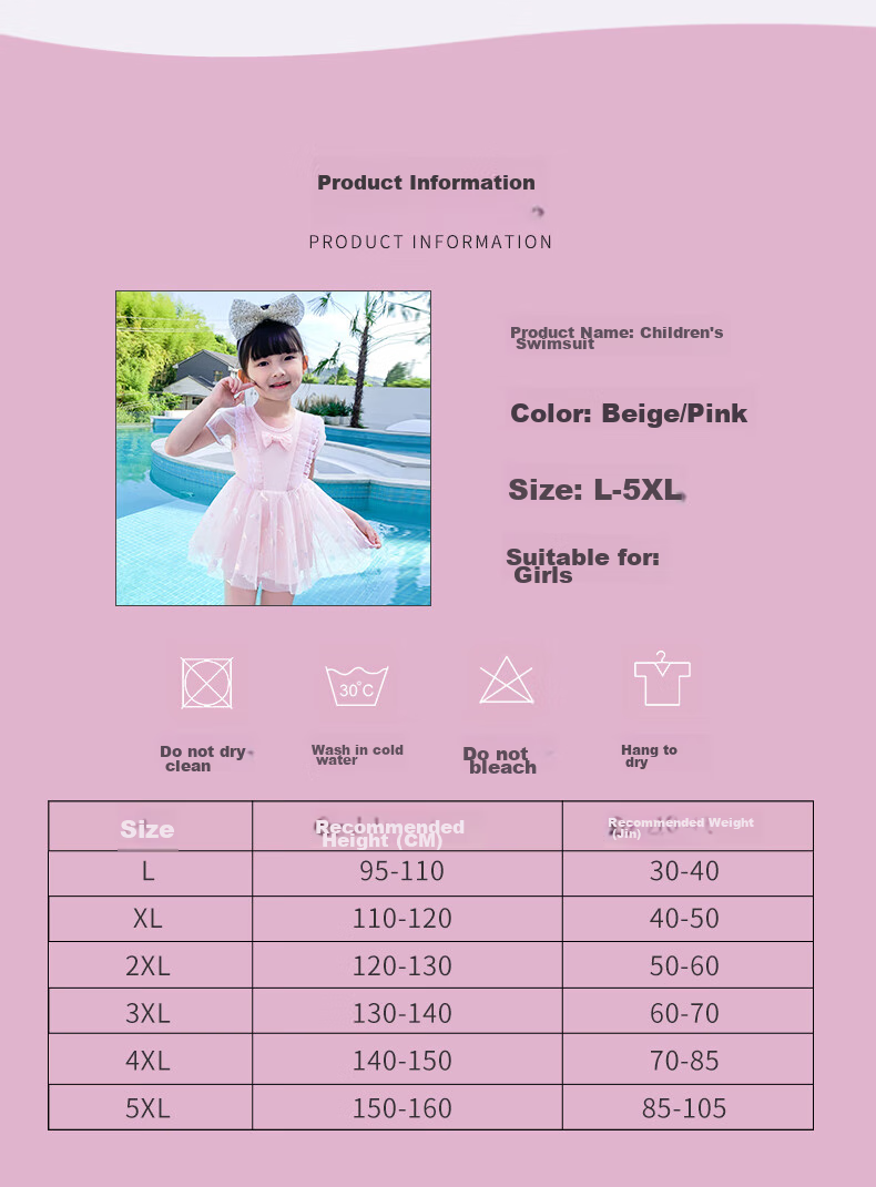 F.DYRAA Children's Swimsuit, Girls' Baby Swimwear, Swimming Pool Cute Princess One-Piece Swimsuit for Hot Springs, 32649 Beige M 2