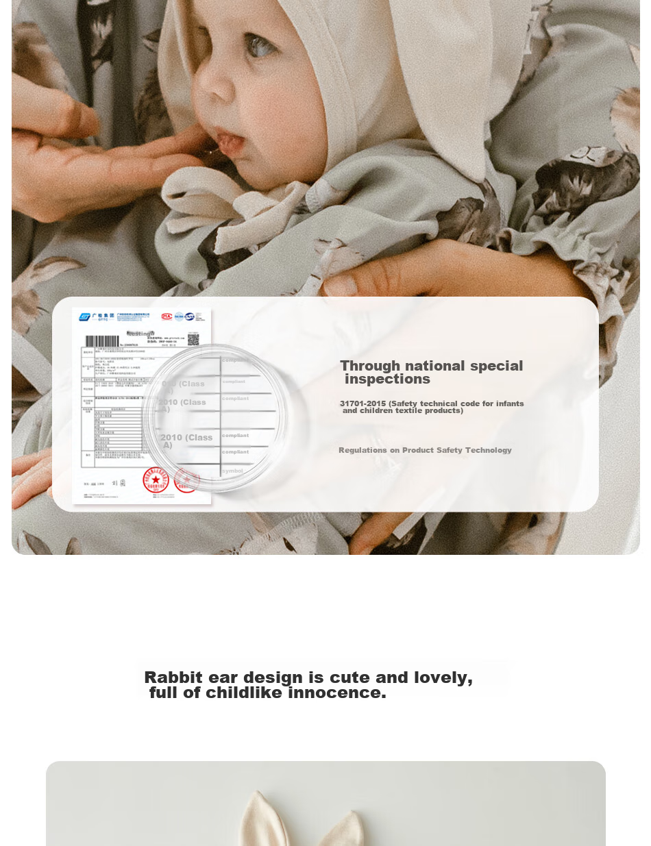 OAK FAMILY Newborn Baby Rabbit Ear Cap, Spring And Autumn Season, Pure Cotton Fontanelle Cap for Newborns, Children's Hat, 42cm 10