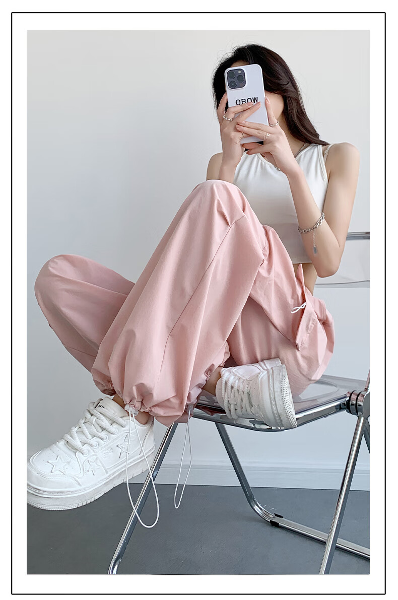 LangSha American-Style Parachute Cargo Pants for Women, Summer Ice Silk High-Waist Wide-Leg Loose Casual Quick-Dry Outdoor Sports Pants 58