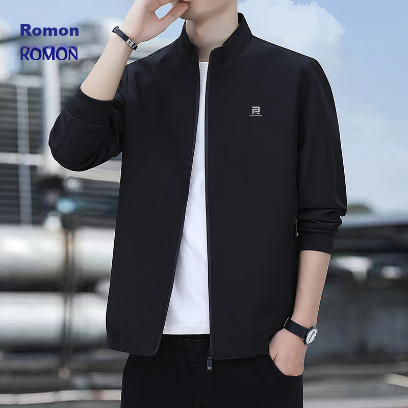 ROMON Jacket for Men, Autumn Outerwear, Stand-Up Collar Executive Business Jacket, Versatile Commuter Menswear ZH606 Black L