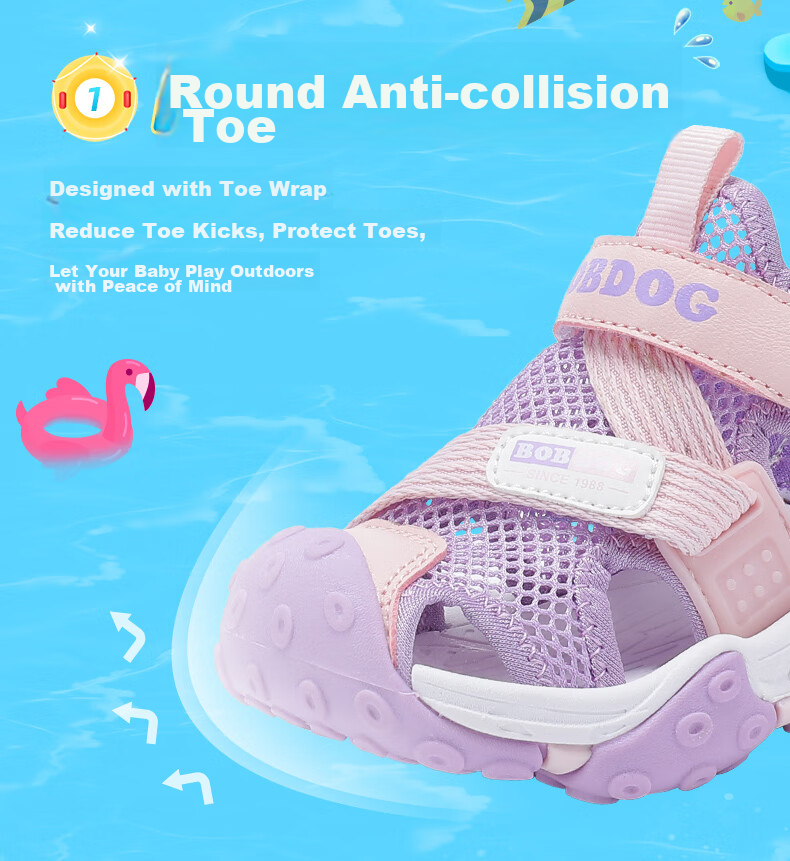 BOBDOG Children's Shoes, Girls' Closed-Toe Beach Sandals, Summer Soft-Soled Fashionable Kids' Sandals, 105532008, Light Pink/pink Purple, Size 27 4