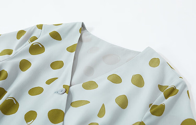 Dme [Waisted Tea-Length Dress], Summer V-Neck, Composite Silk Jacquard Yao Crepe Print, Flared Skirt, Button Decoration Dress 11