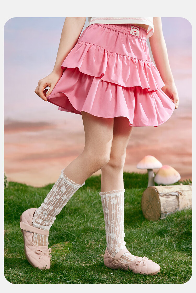 ASK JUNIOR Puffy Skirt Girls' Summer Dress Fashionable Versatile Double-Layered Skirt Sweet Stylish Children's Princess Dress Pink 110 12