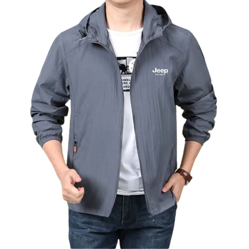 JEEP SPIRIT Men's Sun Protection Hoodie, Summer Outdoor Sports Skin Coat, Casual Jacket Fishing Wear, Navy Blue, 4XL