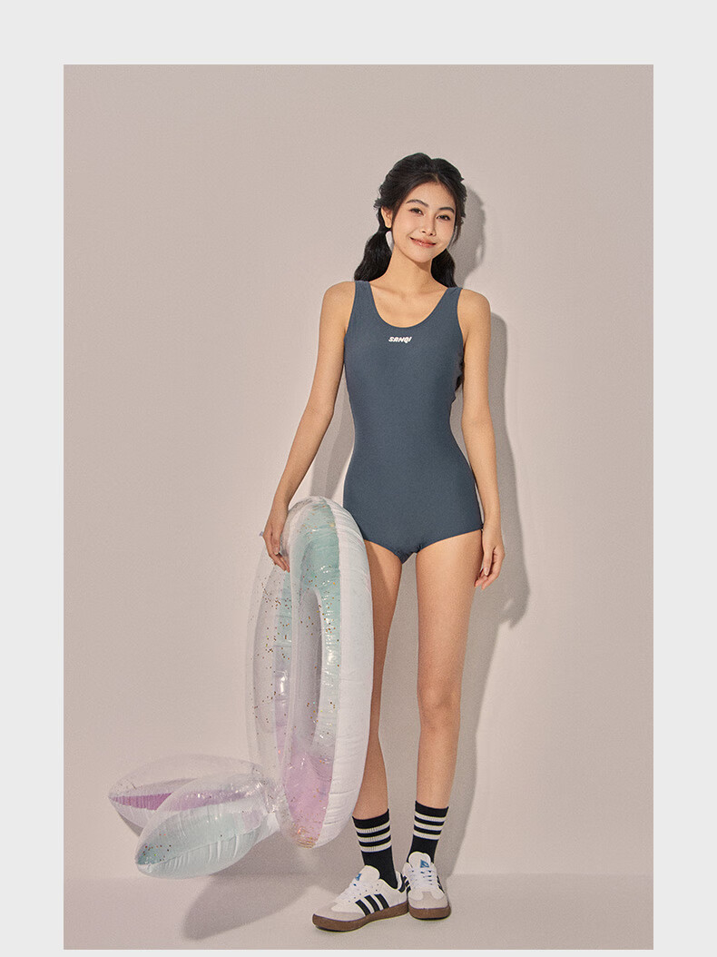 Sanqi One-Piece Swimsuit for Women, Square Leg Design, Slimming Effect, Plus Size Swimwear, Professional Training Competitive Gray Color, Size L 8