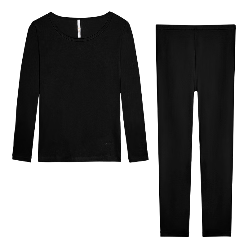Hodo Women's Autumn Underwear Set, Solid Color Cotton-Spandex Round Neck Thin Thermal Underwear, Moonlight Black, Size 160