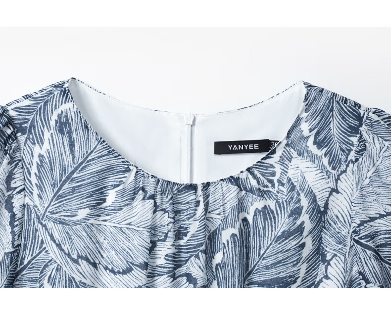 Yanyu Printed Short Sleeve Dress Women's 2026 Summer Retro Commuter Mid-Length Round Neck Dress Blue Floral S 16