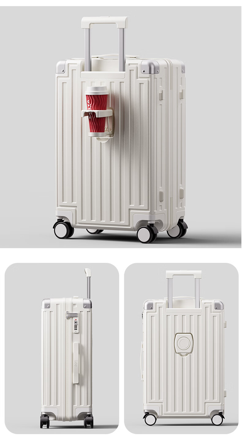 Lee High-Quality Suitcase with Cup Holder, Multifunctional Luggage, Travel Case, Student Password Lock Suitcase, Aurora White, 26 Inches 8