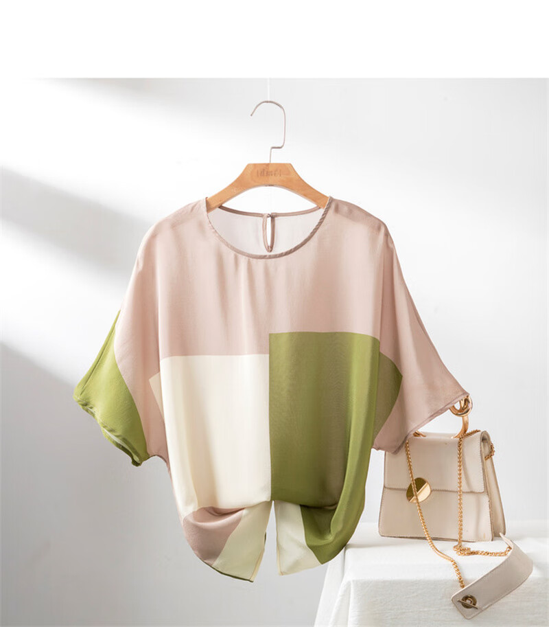 Dme Women's Short-Sleeve Shirt, 100% Mulberry Silk, Round Neck, Geometric Sleeves, Loose-Fitting, Silk Printed Blouse 15