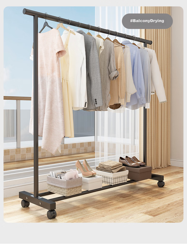 Milin Single Rod Hanger, Dormitory Coat Rack, Indoor Clothes Hanger, Floor-Standing Hanger, Bedroom Drying Rack, Black Single Rod 120CM 9