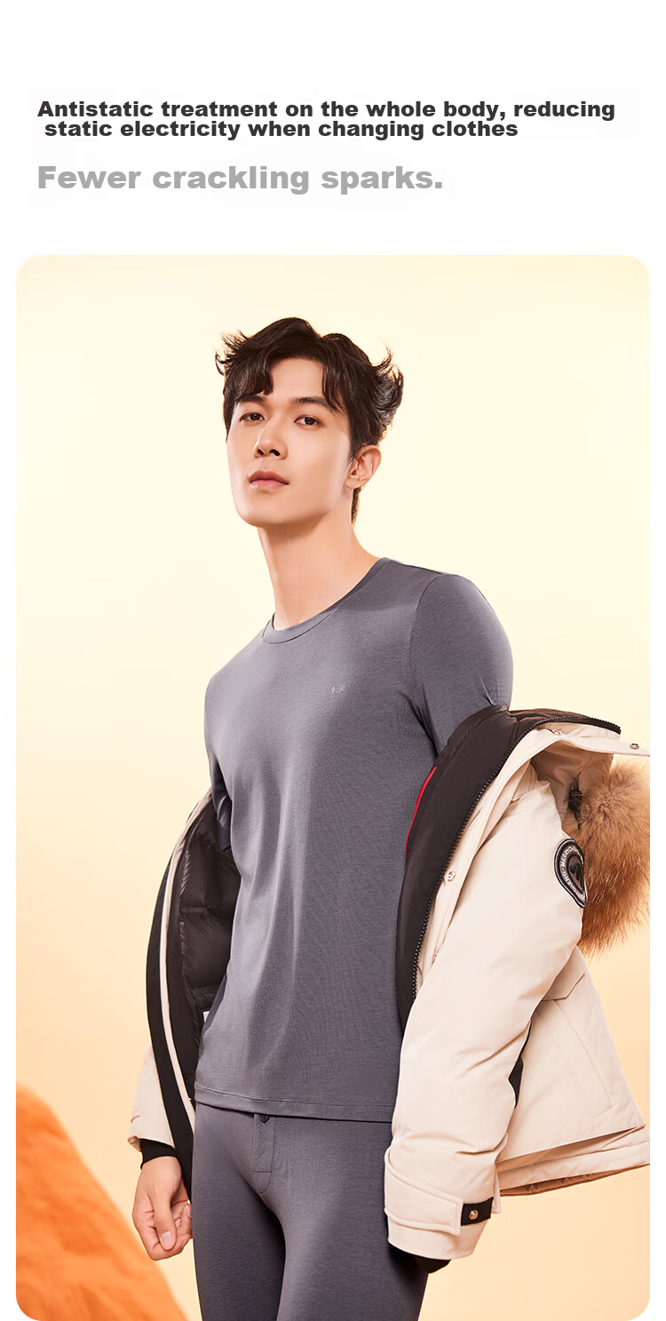 MiiOW [Xinjiang Long-Staple Cotton] Men's Thermal Underwear, Seamless Antibacterial Autumn Top And Bottom, Thin Round Neck Base Layer Set 11