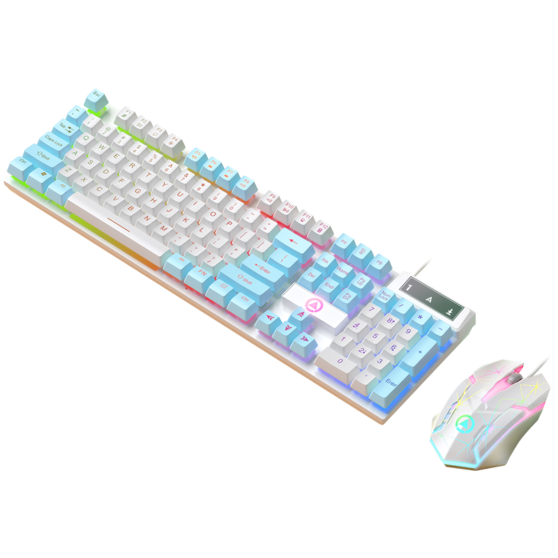 YINDIAO KM500 Wired Backlit Keyboard And Mouse Set, Mechanical Feel Gaming E-Sports Laptop Desktop Computer Peripherals, Membrane Keyboard And Mouse Combo, White And Blue
