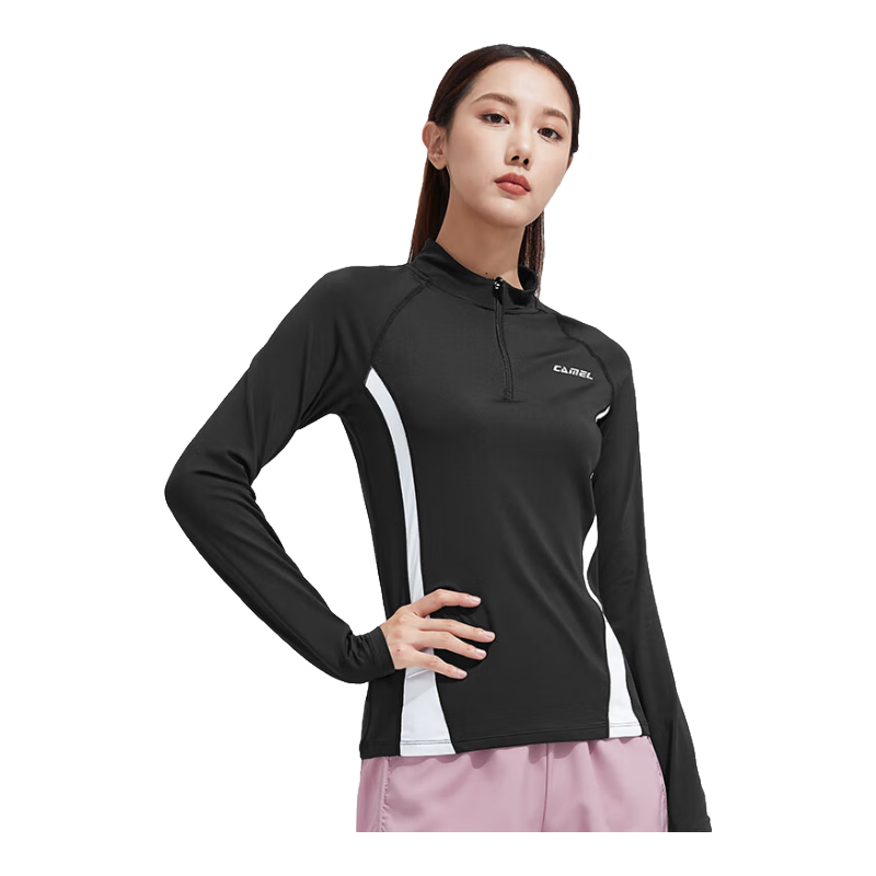 CAMEL Thin Fleece Sports Top for Women, Stand-Up Collar Long Sleeve Running Fitness T-Shirt C1W14L0623A5 Basic Black XXL