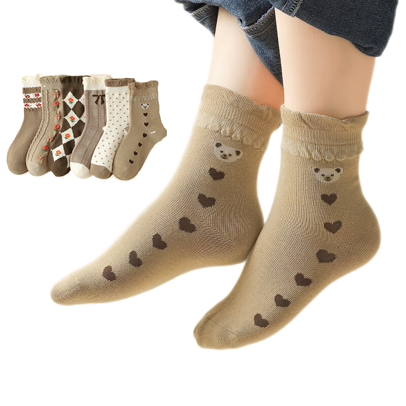 Bingxuemumian Children's Socks, Girls' Autumn And Winter Mid-Calf Cotton Socks, 6 Pairs, Breathable, for Older Girls, Seamless Spring And Autumn Lace Short Socks