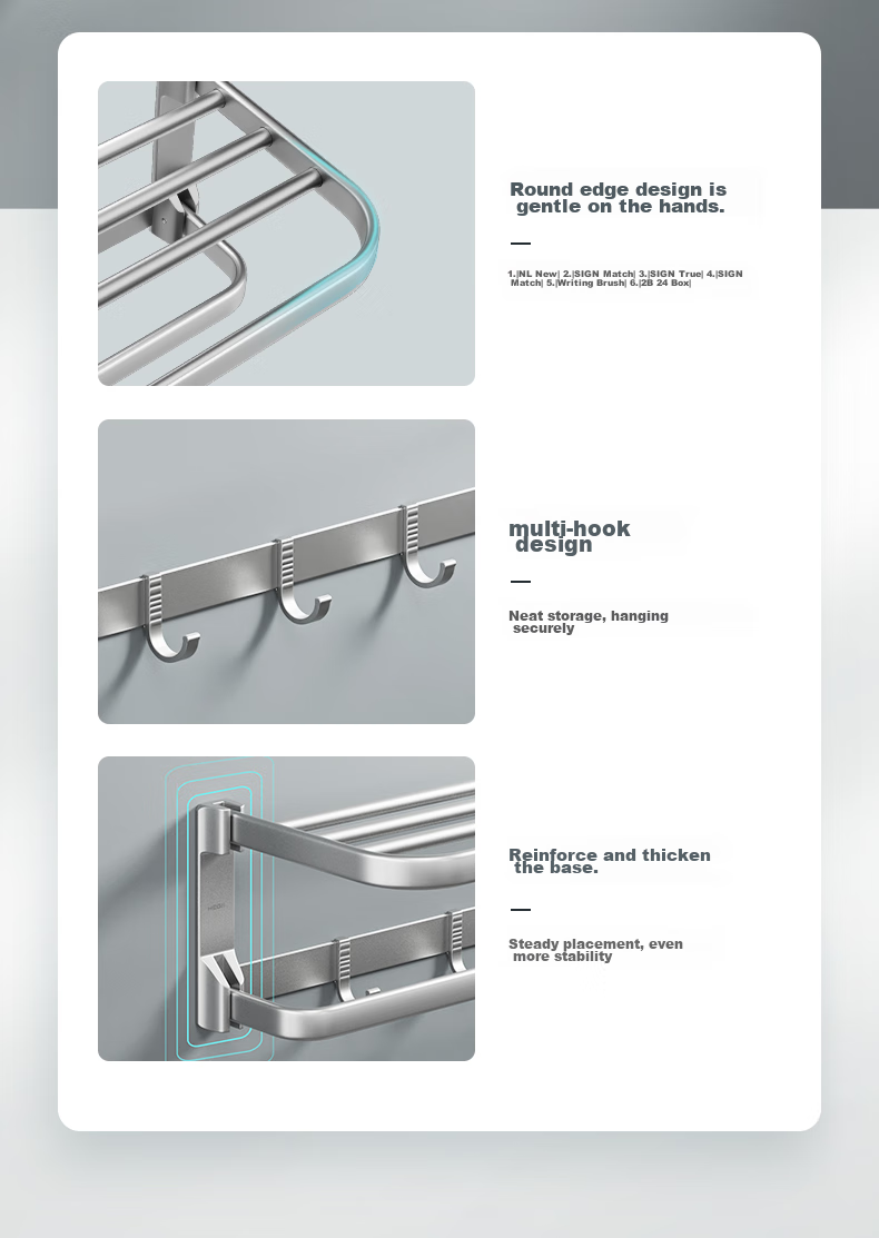 HEGII Towel Rack, Bathroom Storage Shelf, Space Aluminum, No Drilling Required, Double-Rod Hook Towel Rack HMP921-02 7