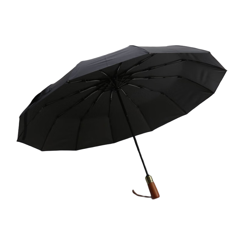 JD Original President, Fully Automatic Umbrella for Sun And Rain, Tri-Fold, Extra Large, Windproof, Business Wooden Handle Umbrella, Black, 23 Inches, 105cm