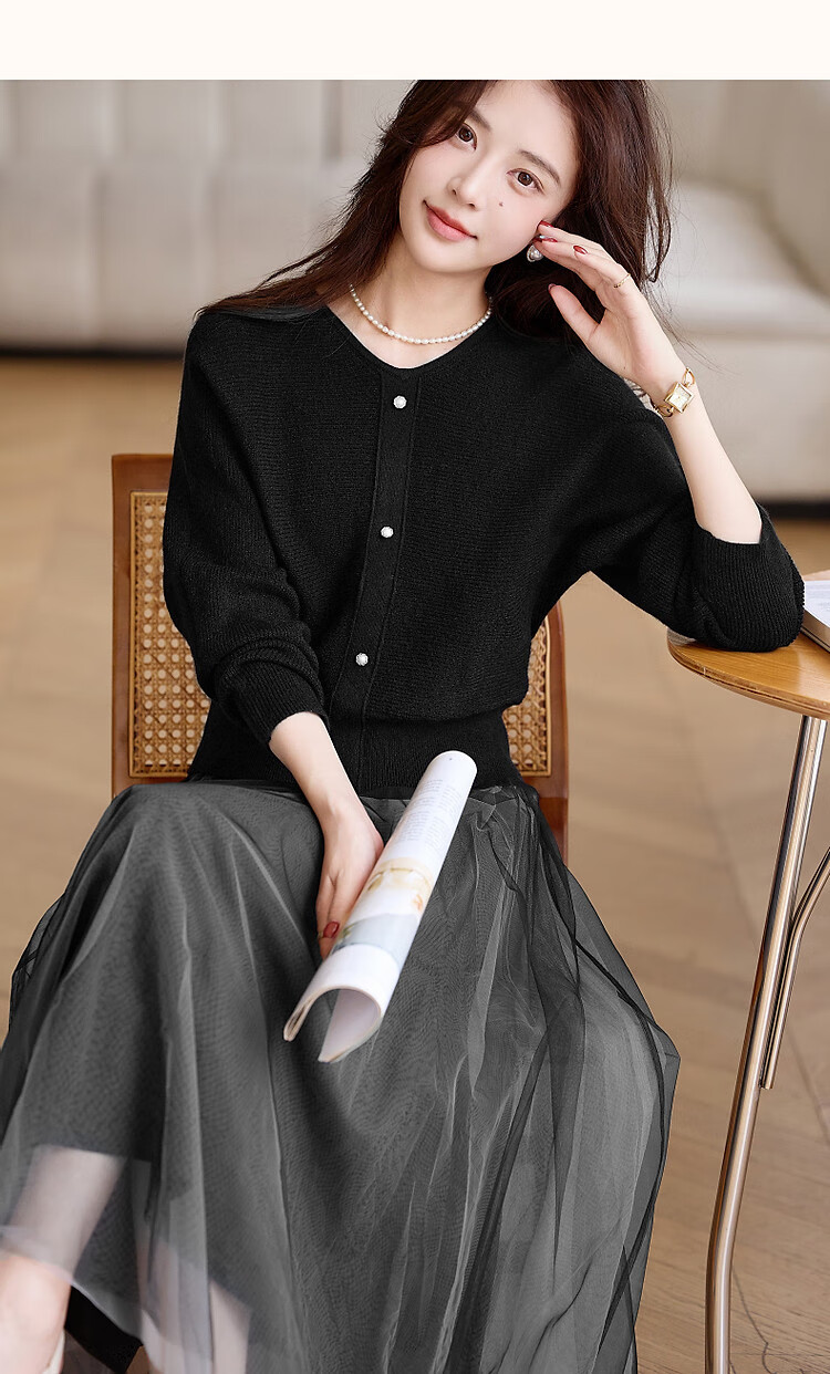DME Ballet Style Set Spring Autumn Round Neck High Elastic Knit Sweater Mesh Slip Dress Flowing Two-Piece Set Women Black L 10