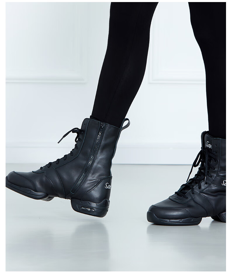 Sansha Imported Leather Dance Sneakers with Soft Soles, High Tops for Square Dancing, Jazz Dancing, Modern Dance P99 Black Size 35 5