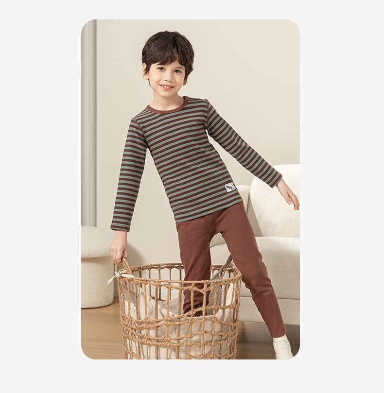 YING BO LUN Pure Cotton Children's Thermal Underwear Autumn And Winter Pajamas Thin School Uniform Essential 81072 Khaki 120 34