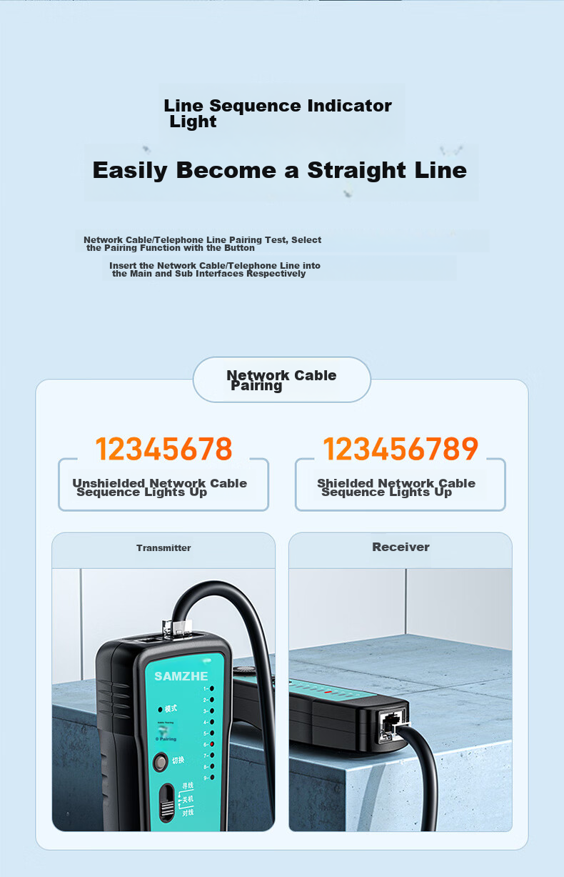 SAMZHE Network Cable Tester, Multifunctional Telephone And Network Line Tester, Cable Tracer, Detector, Wire Finder, Continuity Tester, Anti-Interference, 60V Voltage-Resistant Cable Testing Kit CS-30 7
