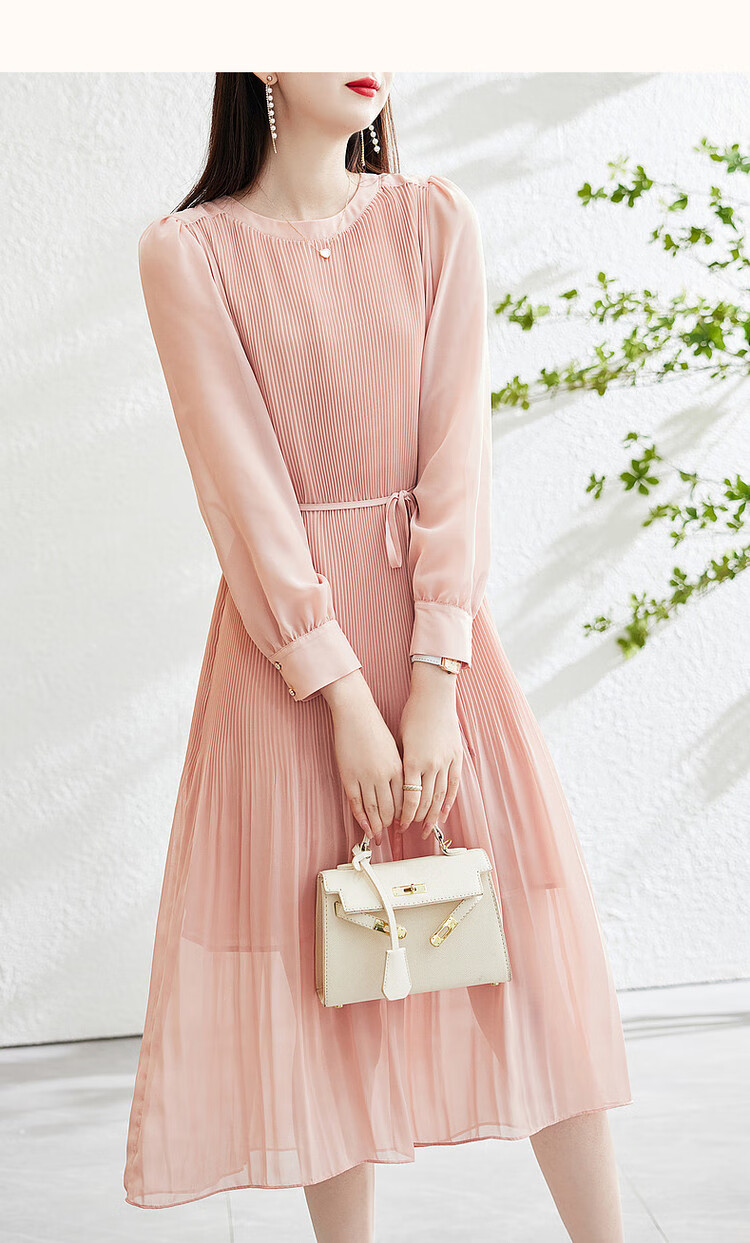 Dme [Waving Sleeve to Capture Fairy Dust] Spring And Autumn Round Neck Pleated Puff Sleeve Waist-Cinching Tie A-Line Dress for Women, Mid-Length Style 15