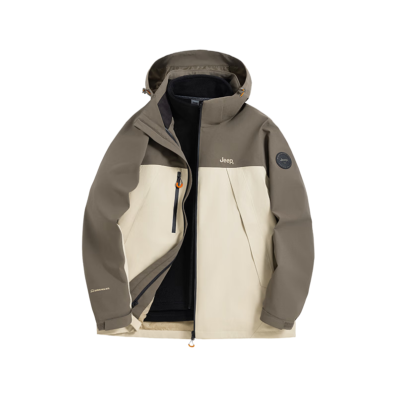 JEEP Windbreaker Jacket for Men And Women, Autumn And Winter Outdoor Three-In Windproof And Warm Mountaineering Coat, Vintage White, 2XL