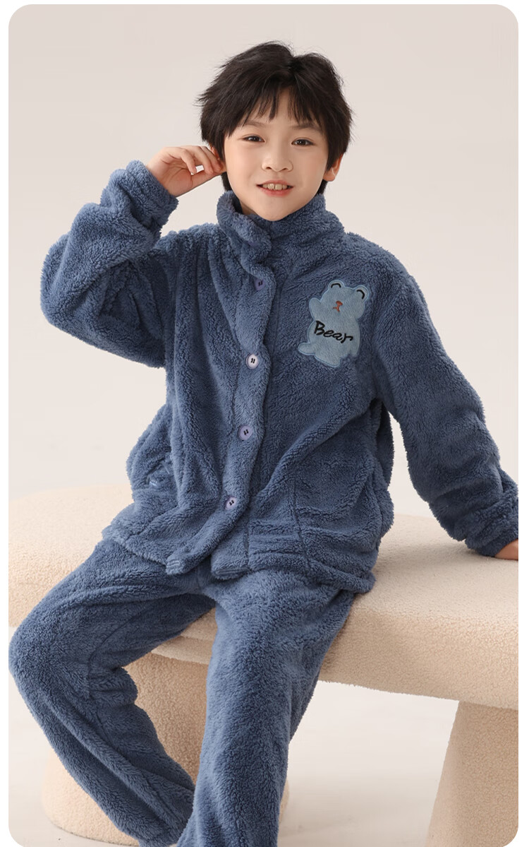MiiOW Kids Boys Coral Fleece Thickened Flannel Cardigan Autumn Winter Homewear Set 24 New Style 160cm 13