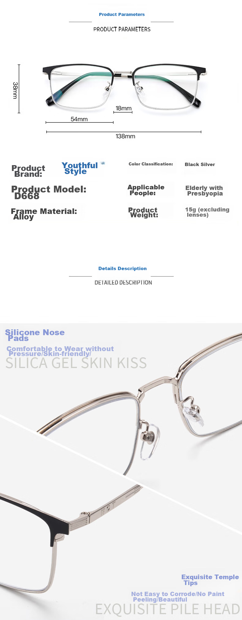 Nianqingtai Reading Glasses for Men, High-Definition Metal Full-Frame Business Anti-Blue Light High-Quality Presbyopic Glasses 668+300 Degrees 10