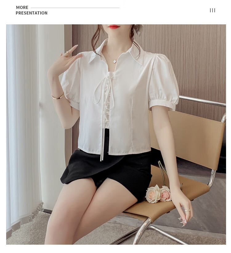 JEANSWEST Women's Summer 2025 Loose Puff Sleeve Short Sleeve Crop Shirt White L 30