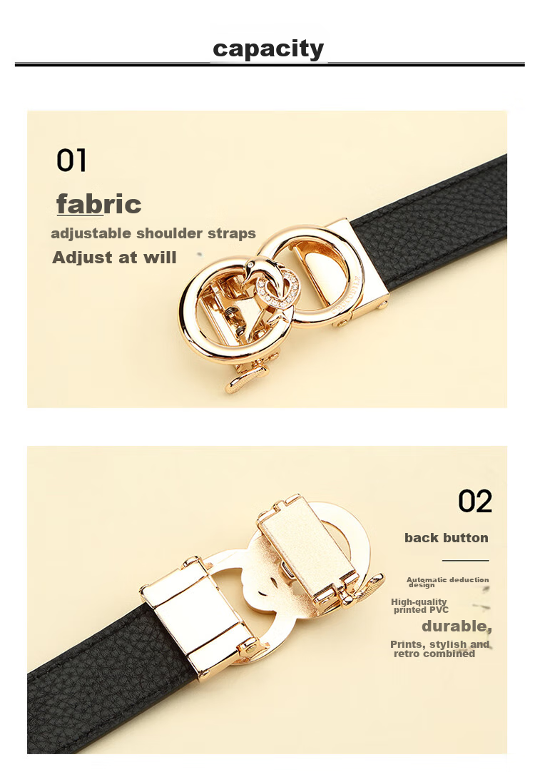 CROCODILE Genuine Leather Women's Belt, Double-Ring Automatic Buckle, Simple Top-Layer Cowhide Waistband, Birthday Gift, T2909 Black 16