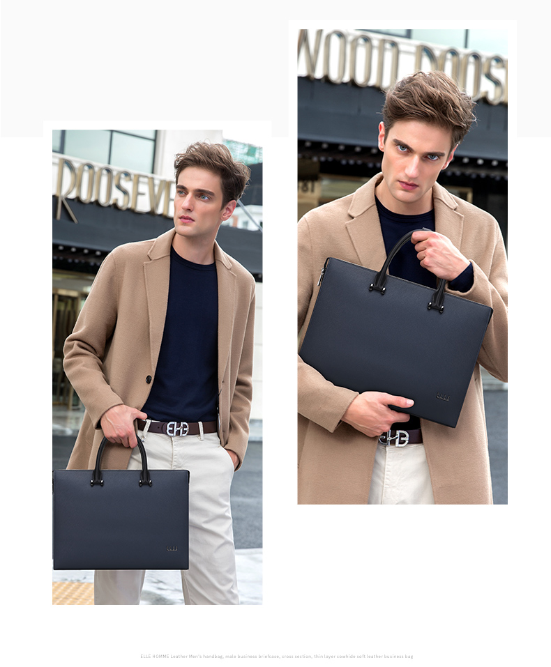 ELLE HOMME Men's Business Briefcase, Stylish Horizontal Cowhide Handbag, Large Capacity Laptop Bag for Men EA088208911 Blue 2
