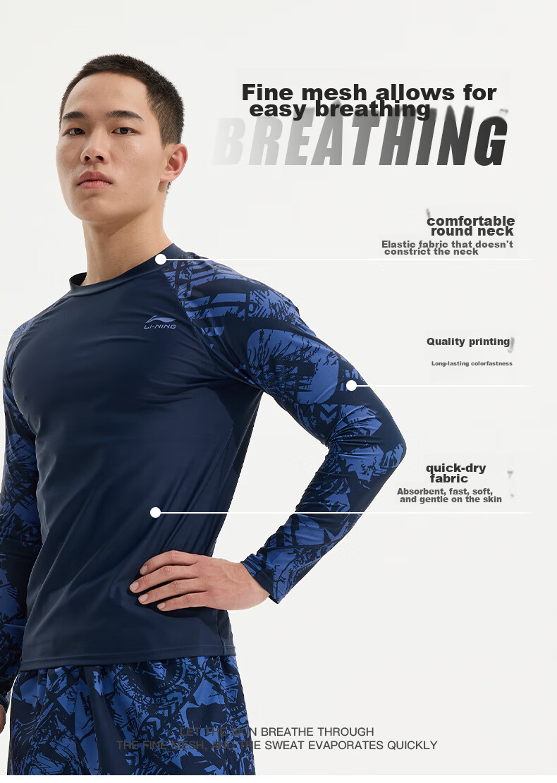 Li-Ning Men's Swimwear, Surfing Diving Suit, Long-Sleeve Quick-Dry Cold-Resistant Swimming Top, Hot Spring Seaside Vacation, 834 Blue Purple, Size M 4