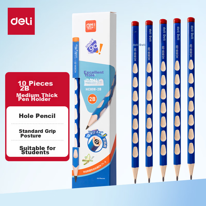 Deli Perforated Pencils, 10 Pieces, 2B Medium Thick Barrel, Triangular Grip for Easy Holding, Hand Posture Correction, Student Writing Practice, Children's HC808-2B School Supplies