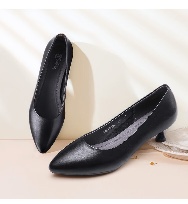 强人女鞋尖头单鞋女浅口中跟透气皮鞋4cm工作女高跟鞋 jdla170001