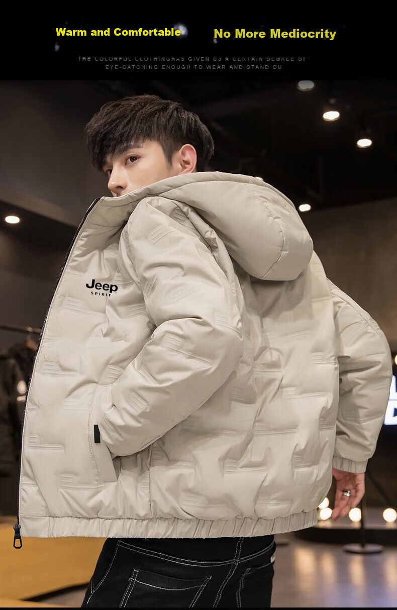 JEEP SPIRIT Men's Cotton Jacket, Autumn And Winter Thickened Padded Coat, Hooded Windproof Warm Casual Versatile Outerwear 5