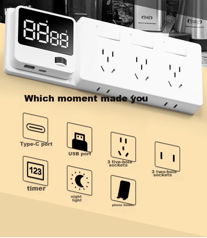 Xiya Wall Switch Track Socket, Multi-Function, National 3C Certified, Electric Shock Prevention, Kitchen Timer Electronic Clock, USB+Type-C Smart White 3