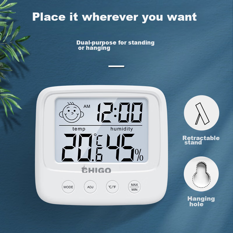 CHIGO Electronic Thermometer with Temperature And Humidity Display ZG-8036, Wall-Mounted Memory Function for Baby Room, Dual-Use for Temperature And Humidity, with Smiley Face Clock