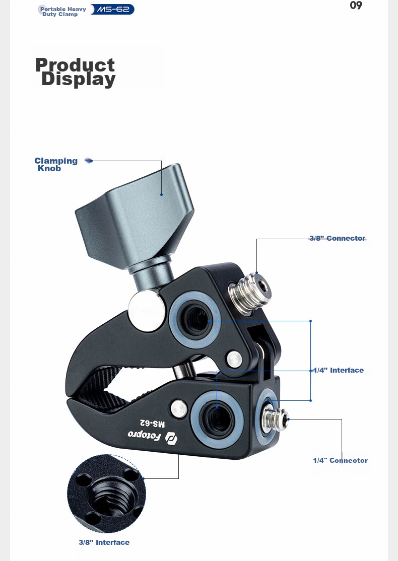 Fotopro MS-62 CNC Precision Machined Surface Anodized Multi-Expand Hole Photography Magic Clamp with Strong Grip 13