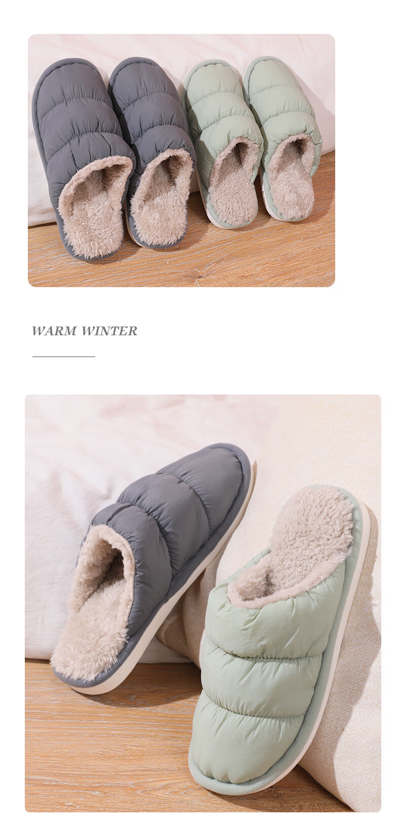 FOOTOPPO Women's Waterproof Down Cotton Slippers, Men's Simple Non-Slip Thick-Soled Warm Fleece Home Slippers for Winter 12