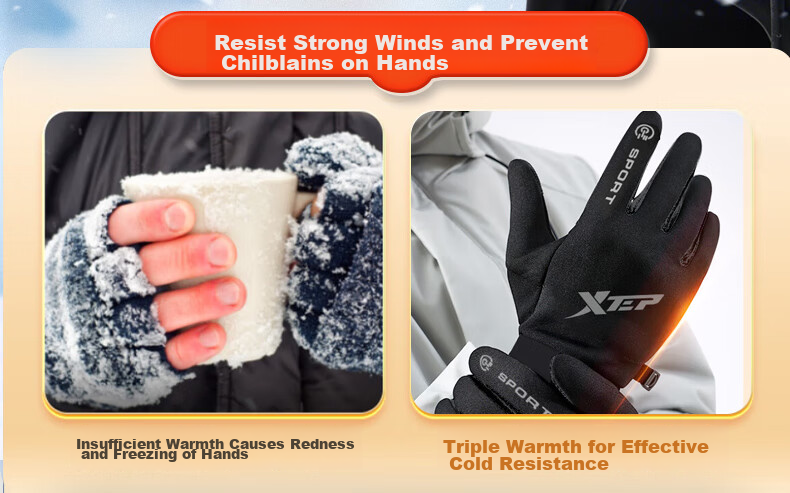 XTEP Gloves, Winter Cycling, Warm, Windproof, for Electric Motorcycles, Running, Outdoor Skiing, Men's And Women's Bicycles, Fleece-Lined, Touchscreen Compatible 11