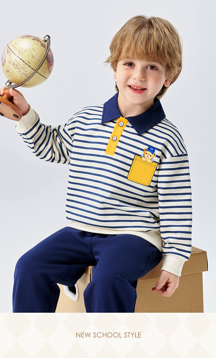 Classic Teddy Boys' Polo Shirt and Sweatpants Set, Dark Blue, Size 120, Spring Collection 13