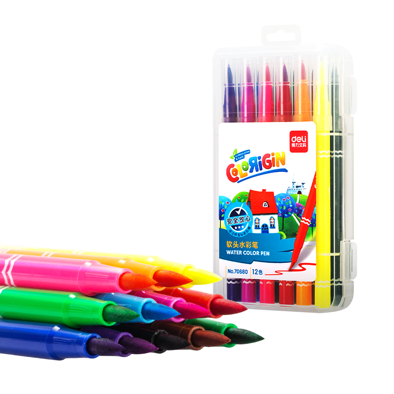 Deli 12-Color Soft-Tip Watercolor Pens for Outlining, Manga Illustration, Marker Signing, Water-Based Markers, Coloring, Student And Children's Drawing, Art Supplies, Graduation Gift