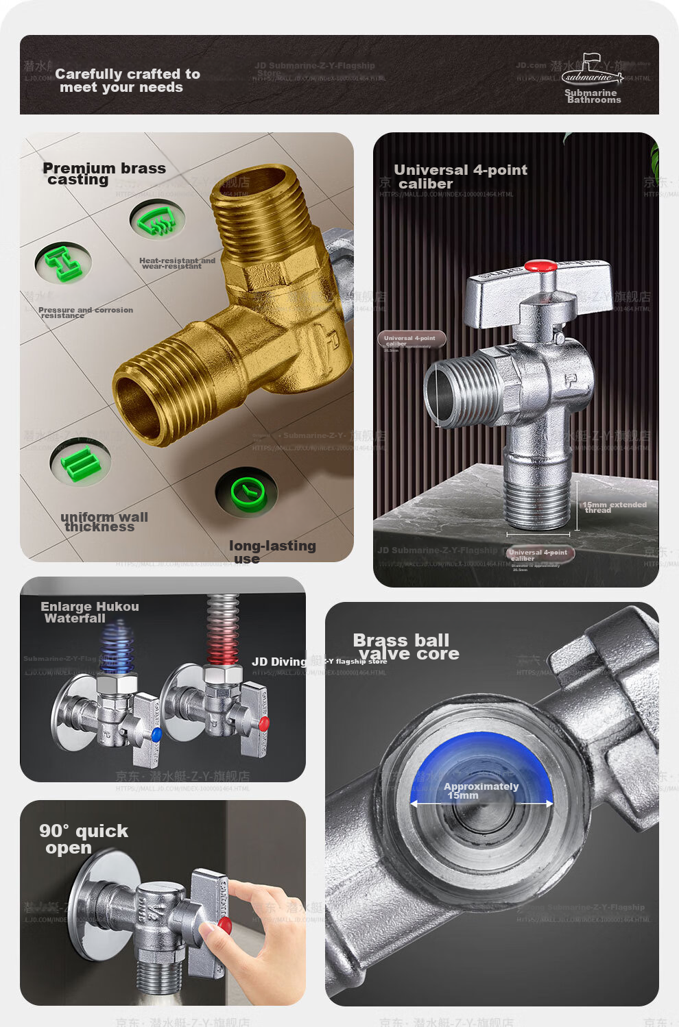Submarine F104H Brass Ball Valve, Spherical Brass Valve Core, Full-Open High-Flow Cross Valve, Gunmetal Gray Hot Water Angle Valve 4