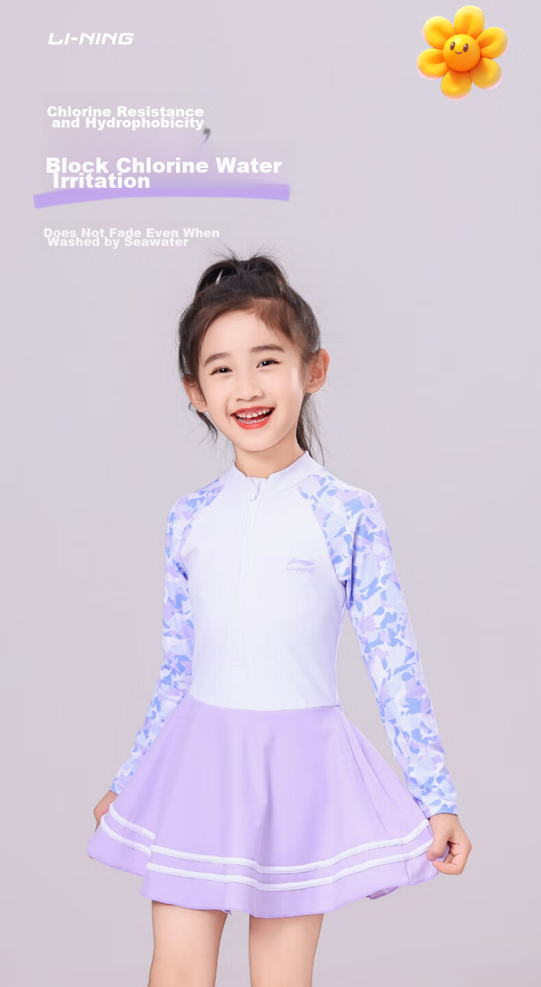 Li-Ning Children's Swimsuit, Girls' Cute One-Piece Swimwear, Conservative Casual Style, 736 Long-Sleeve Version, Size 120 7
