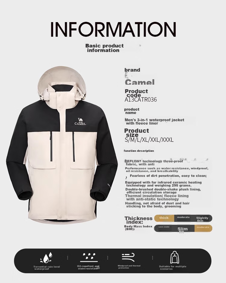 CAMEL Panda Three-Proof Windbreaker, Unisex Professional Oil-Resistant Waterproof Three-In Mountaineering Jacket A13CA6aB018 17