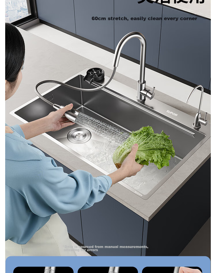 SUPOR 304 Stainless Steel Single Bar Large Single Groove Sink, Kitchen Washbasin for Washing Hands And Vegetables 18
