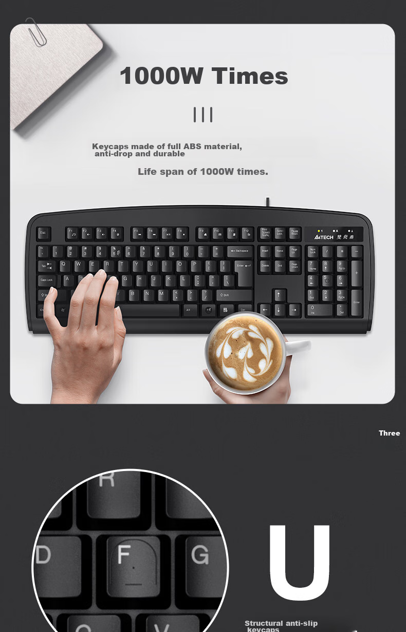 A4TECH KB-8U 104-Key Wired Keyboard, Membrane Keyboard for Desktop Computer, Office Keyboard, Good Typing Feel, Large Backspace Key, USB Interface, Black, Wired 3
